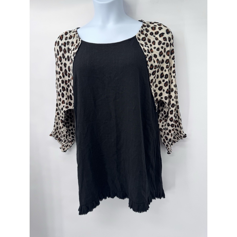 Umgee 3/4 Sleeve Leopard Linen Tunic Top fringe hem XL 22 ptp beach light boho - Picture 7 of 11